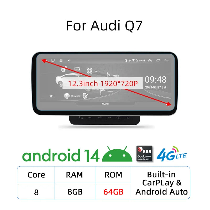 Nunoo Android 14 CarPlay Car Radio Player For Audi A4 A5 A6 Q7 MMI 2G Basic Red Screen GPS Navi Multimedia Stereo WiFi