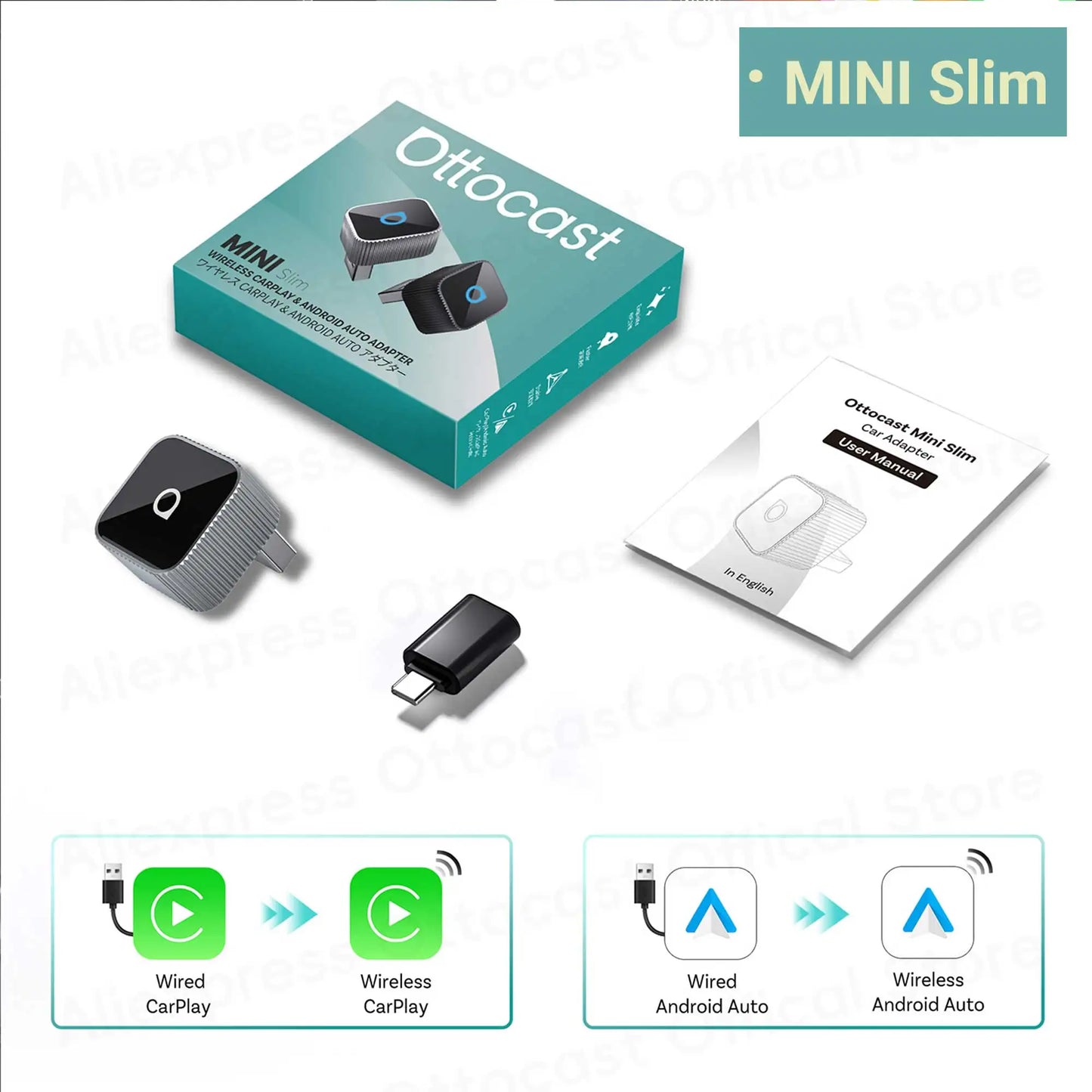 OTTOCAST Mini Slim Cube Wireless CarPlay Android Auto Adapter 2 in 1 USB AI Car Accessories for VW Haval Audi Kia Porsche Lexus