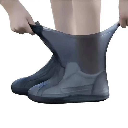 1 pair of black latex waterproof shoe covers, anti slip and wear-resistant, suitable for mountaineering and hiking