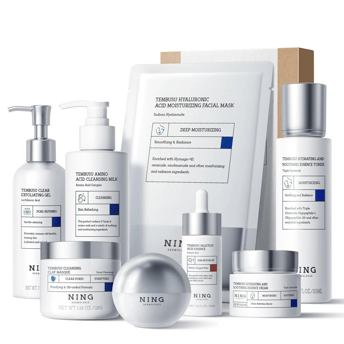 Tembusu Essence Skin Care Set –8-Step Routine with Amino Cleanser, Clay Mask, Toner, Salicylic Acid Serum, Cream & Eye Treatmen