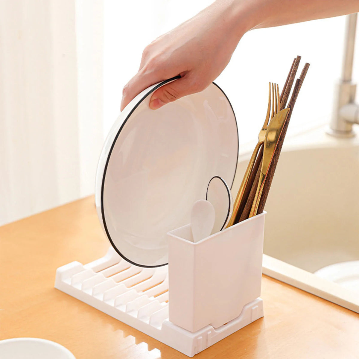 Compact Dish Drainer with Cutlery Holder - Small Sink Drying Rack - photo 2