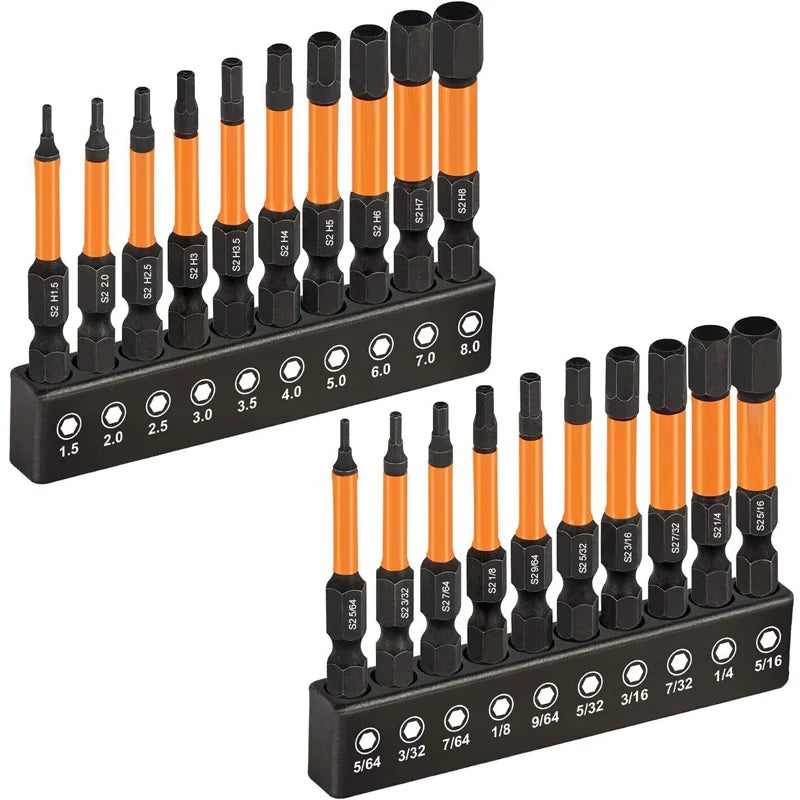 20PCS Hex Head Allen Wrench Bit Set Magnetic Screwdriver Drill Bit Metric Imperial SAE Quick Release 1/4in Hex Shank Impact 50mm