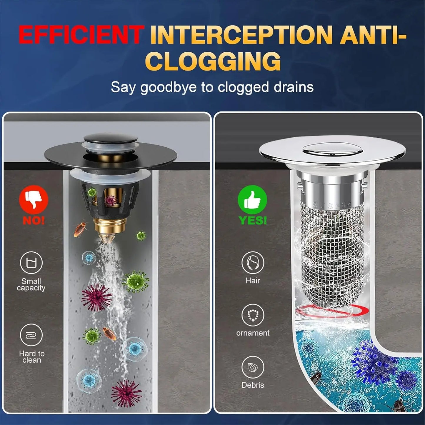 Bathroom Sink Drain Strainer - Pop-Up Filter with Removable Stainless Steel Hair Catcher & Drain Stopper for US Sink Replacement