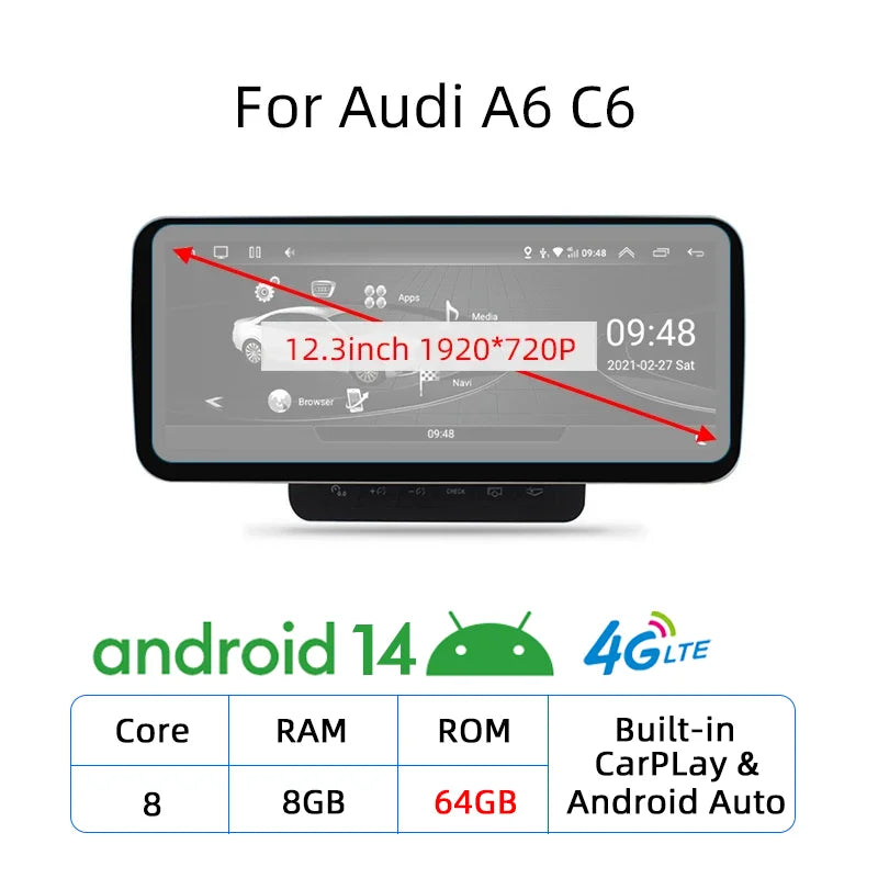 Nunoo Android 14 CarPlay Car Radio Player For Audi A4 A5 A6 Q7 MMI 2G Basic Red Screen GPS Navi Multimedia Stereo WiFi