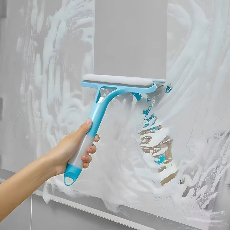 3-in-1 Window Cleaning Tool - Handheld Sprayer, Squeegee & Scrubber for Glass, Mirrors, Showers, No-Drip Design (Blue, 10-inch)