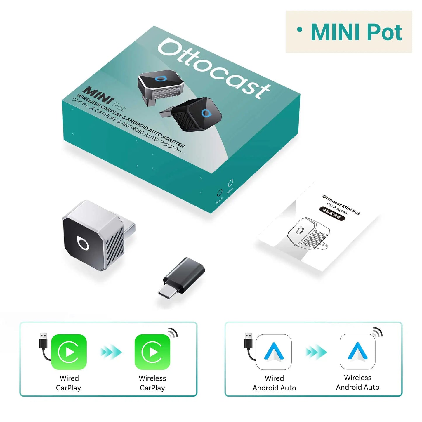 OTTOCAST Mini Slim Cube Wireless CarPlay Android Auto Adapter 2 in 1 USB AI Car Accessories for VW Haval Audi Kia Porsche Lexus