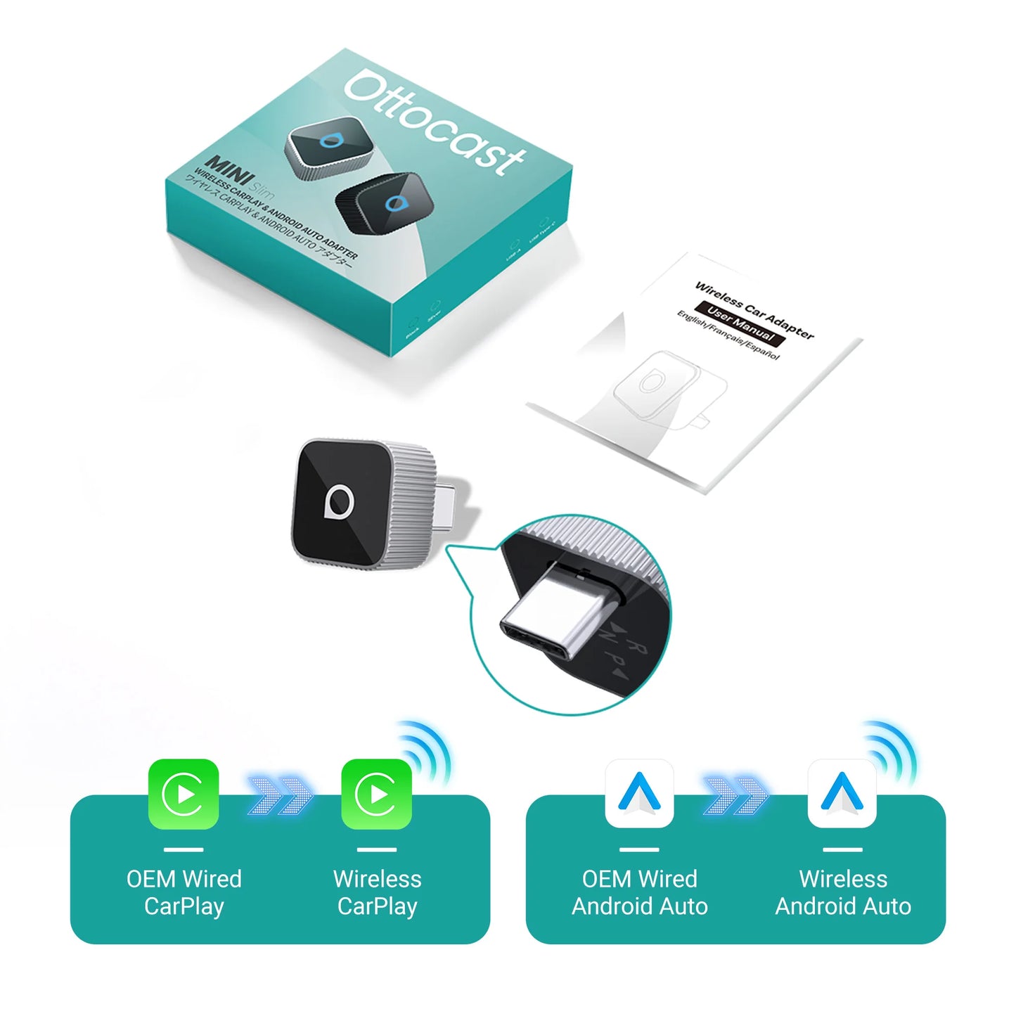 OTTOCAST MINI Slim Wireless CarPlay Android Auto Adapter 2 in 1 USB Dongle Car Accessories for VW Toyota Hyundai Kia Chevrolet