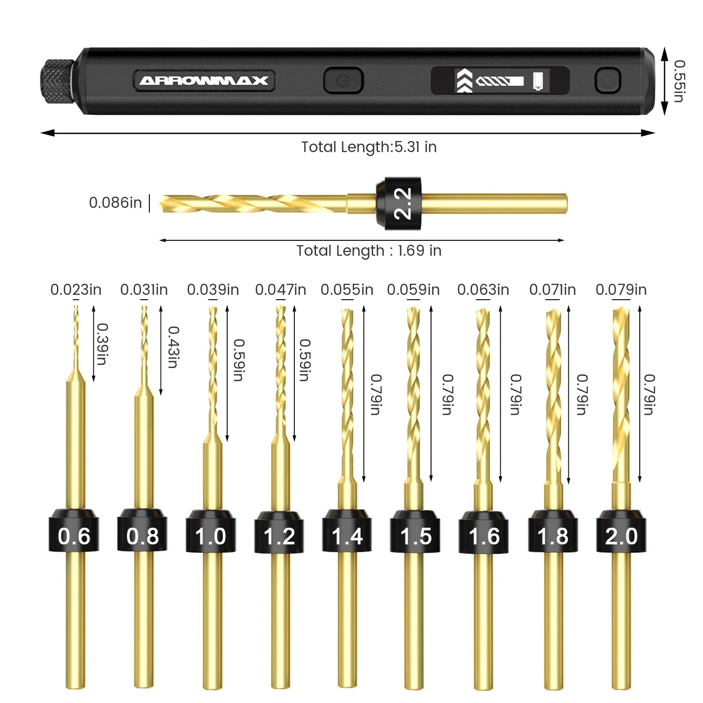MMAlto ARROWMAX SDS Mini Precision Drill – Cordless Electric Micro Drill | 900RPM | 10 Titanium Bits | USB-C | For PCB, Wood, Metal, Plastic DIY
