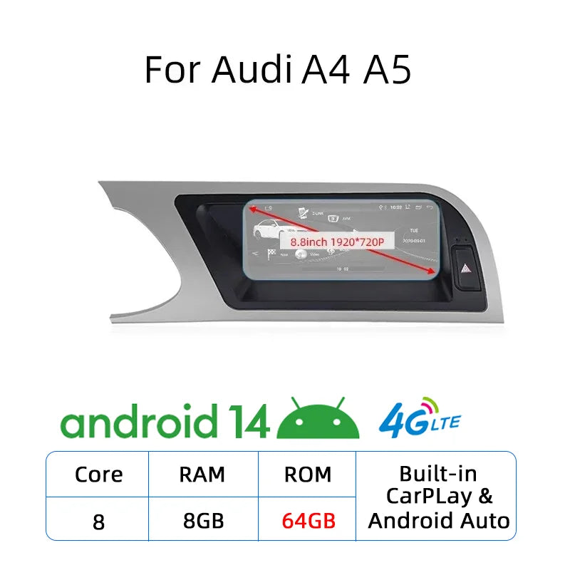 Nunoo Android 14 CarPlay Car Radio Player For Audi A4 A5 A6 Q7 MMI 2G Basic Red Screen GPS Navi Multimedia Stereo WiFi