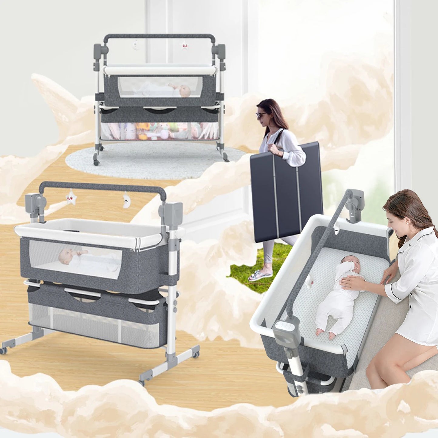 Baby Rocking Bassinet Portable Newborn Cradle Bedside Sleeper for Infant Travel Electric Bassient Co-Sleeper Suit to 6M