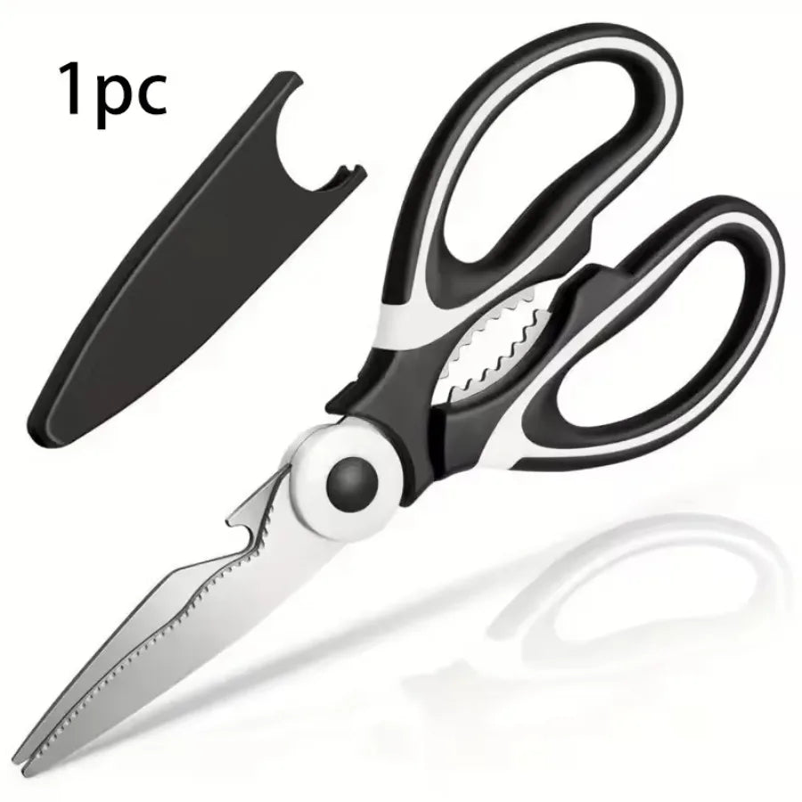 1/2 Multifunctional Kitchen Scissors in Black with Anti Slip Ergonomic Handle, Suitable for Fish and Barbecue Bones