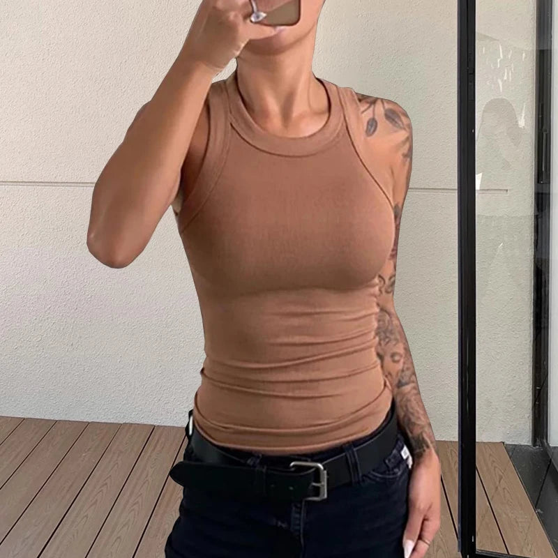 Solid Basic Tank Soft Top For Women Summer Outfits Tight Sexy Round Neck Tank Top Knitted Bottom Shirt Sleeveless Top Outerwear