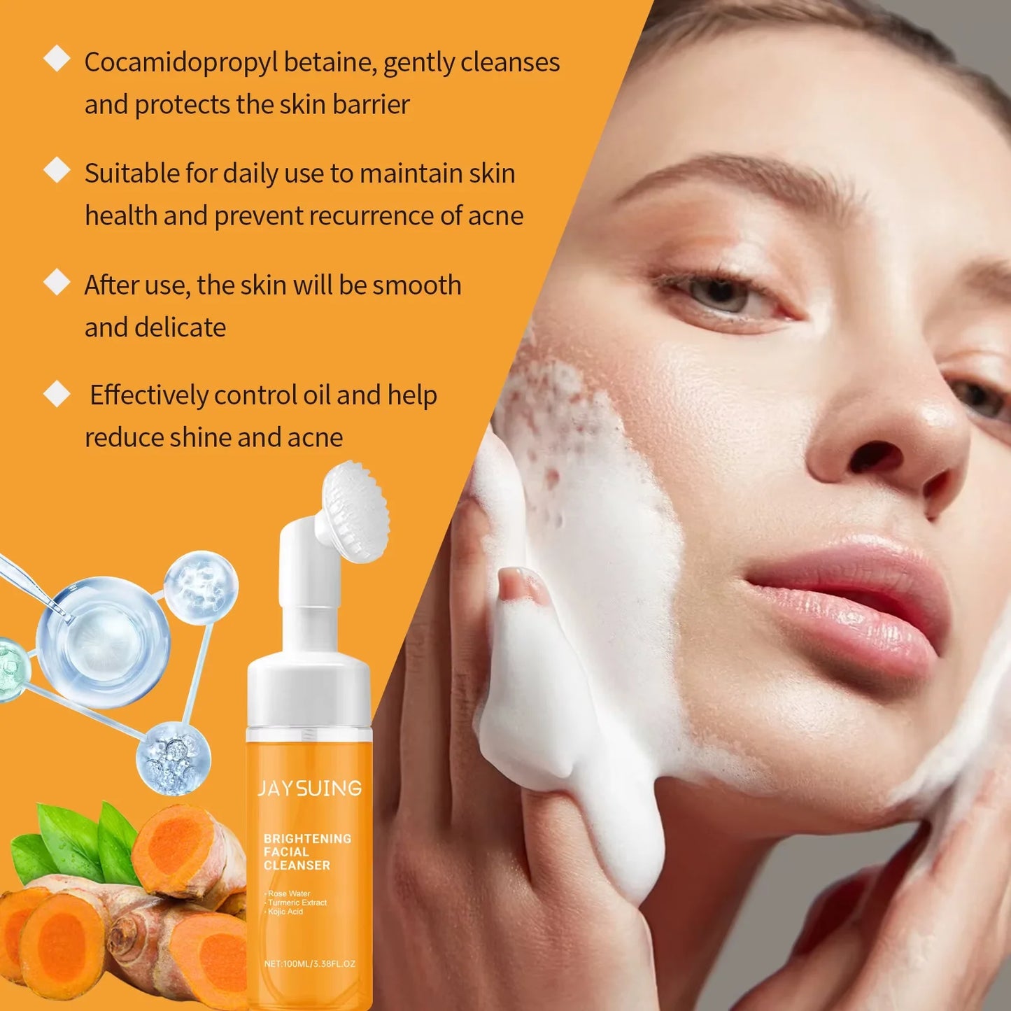 Jaysuing 100ml Kojic Acid Turmeric Cleanser Anti Acne Oil Control Blackhead Remover Shrink Pores Facial Exfoliating Cleanser