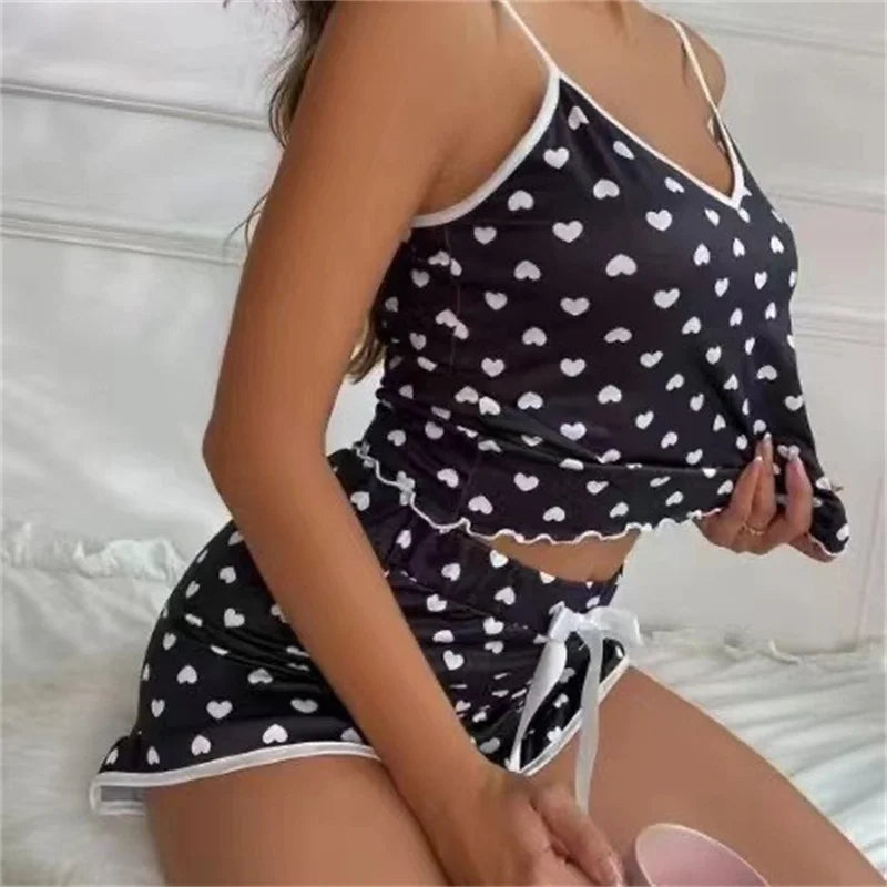 2026 Summer Pajama Set Large Size Vest Shorts Women's Suspenders Soft Casual Cute Printed Women pajamas set