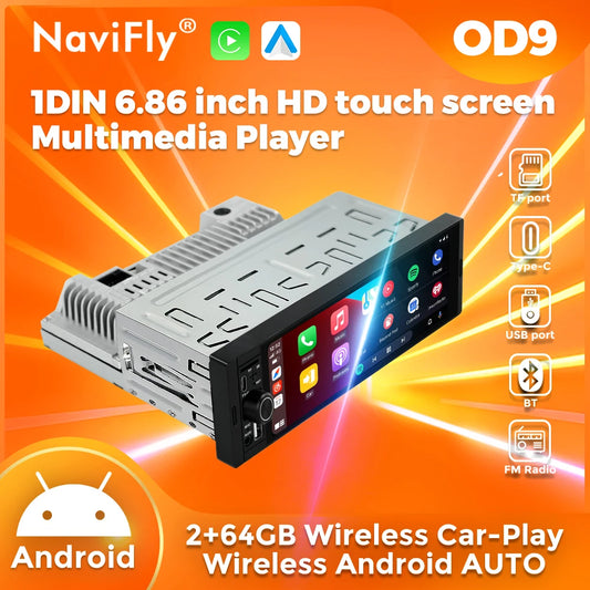 6.86" Single DIN Car Stereo with Apple CarPlay & Android Auto