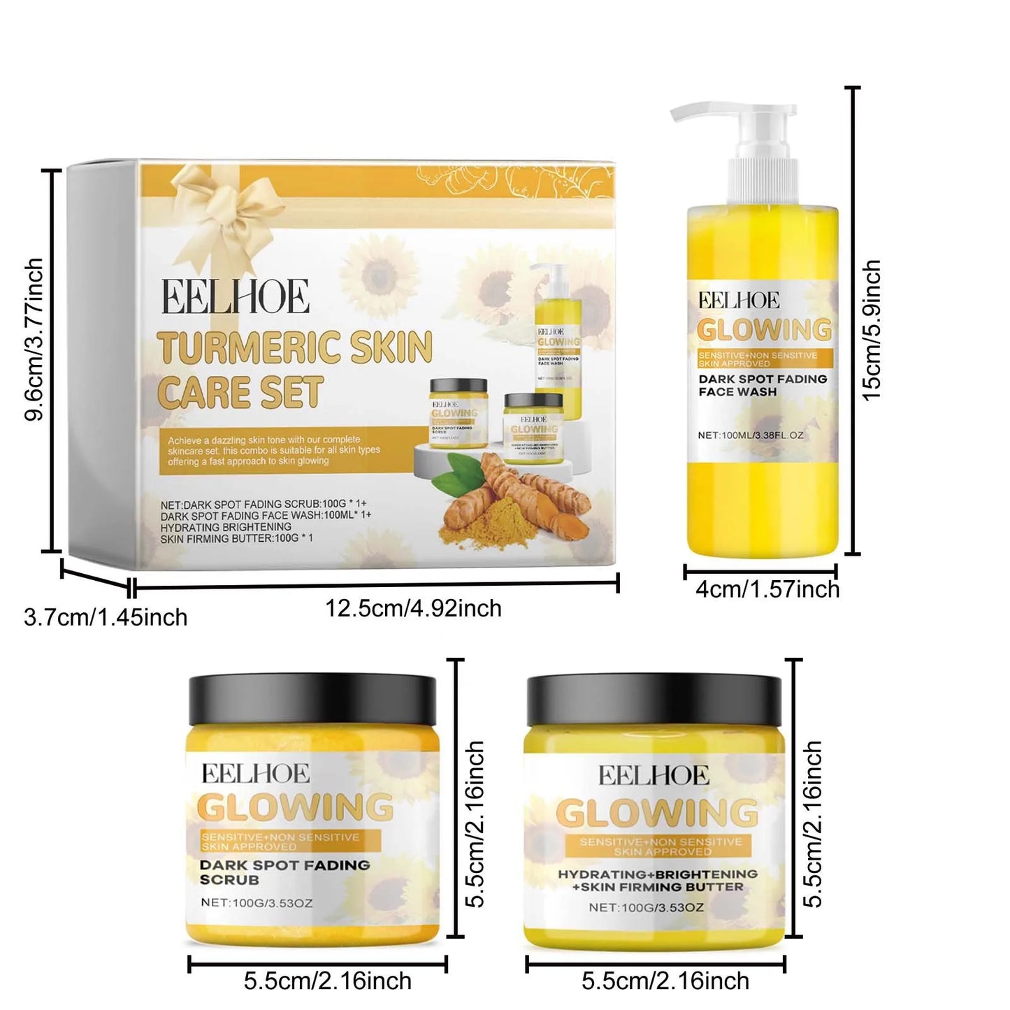 Eelhoe 1set Turmeric Face Skin Care Set Dark Spots Removal Face Wash Oil Control Nourishing Skin Exfolianting Smooth Skin Set