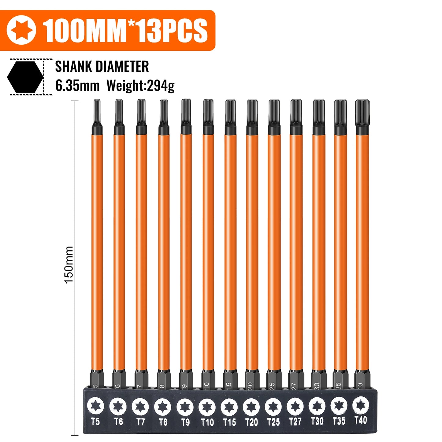 Torx Screwdriver Bits Set Individual Bits T5-T40 75/100/150mm Lengths Strong Magnetism High Hardness S2 Alloy Steel 1/4Hex Shank