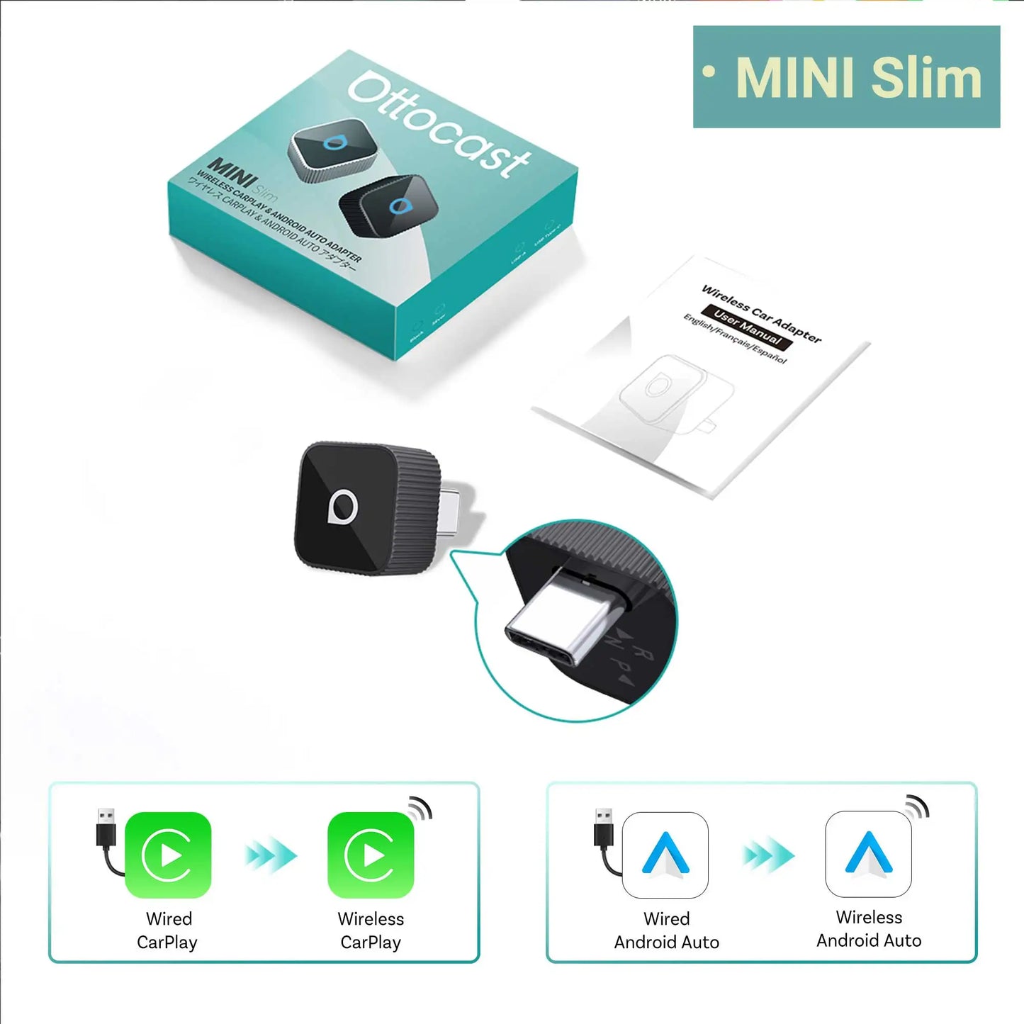 OTTOCAST Mini Slim Cube Wireless CarPlay Android Auto Adapter 2 in 1 USB AI Car Accessories for VW Haval Audi Kia Porsche Lexus
