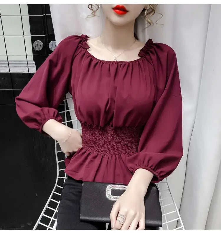 Youth Elegant Blouse Women Chiffon Fashion Blouse Off Shoulder White Shirt Ruffle Puff Sleeve Top Office wear 2026