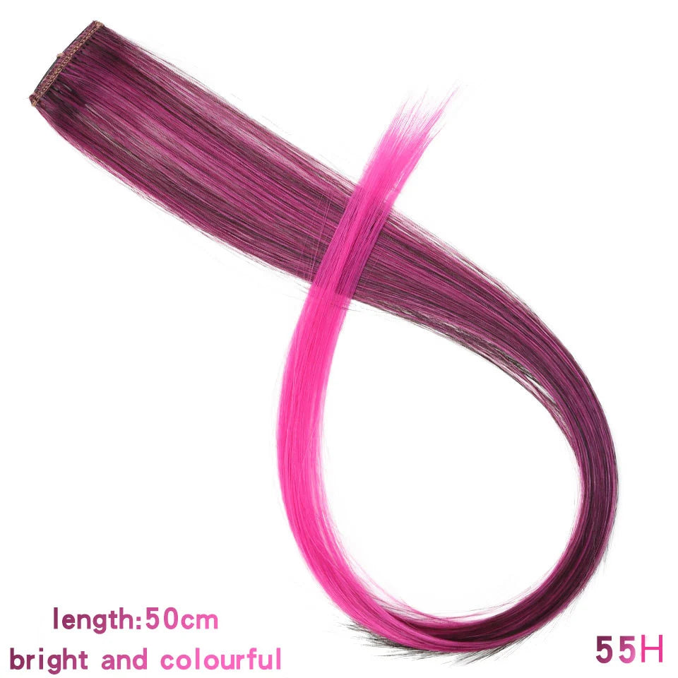 All Long Straight Color Hair Piece Hair Extensions Clip In Highlight Rainbow Hair Streak Pink Synthetic Hair Strands on Clips