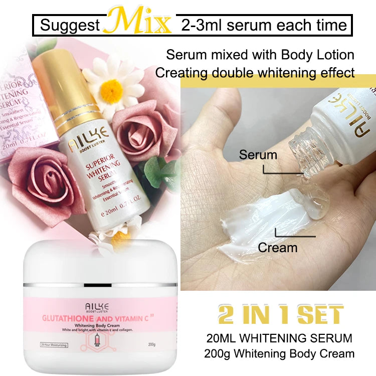 AILKE Glutathione & Vitamin C Brightening Skincare Kit – Whitening Body Lotion, Cream, Serum, Soap & Spa Oil Set