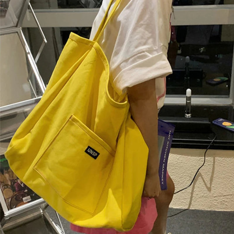 Women's Canvas Tote Bag – Reusable Shoulder Handbag with Letter Detail | Casual Daily Bag