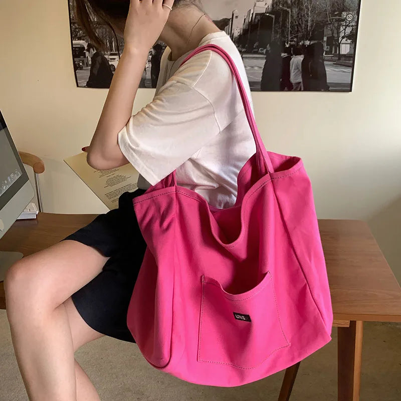 Women's Canvas Tote Bag – Reusable Shoulder Handbag with Letter Detail | Casual Daily Bag