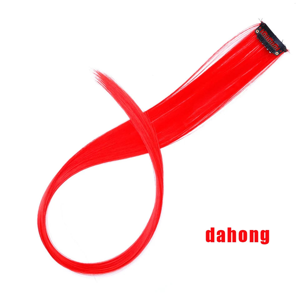All Long Straight Color Hair Piece Hair Extensions Clip In Highlight Rainbow Hair Streak Pink Synthetic Hair Strands on Clips