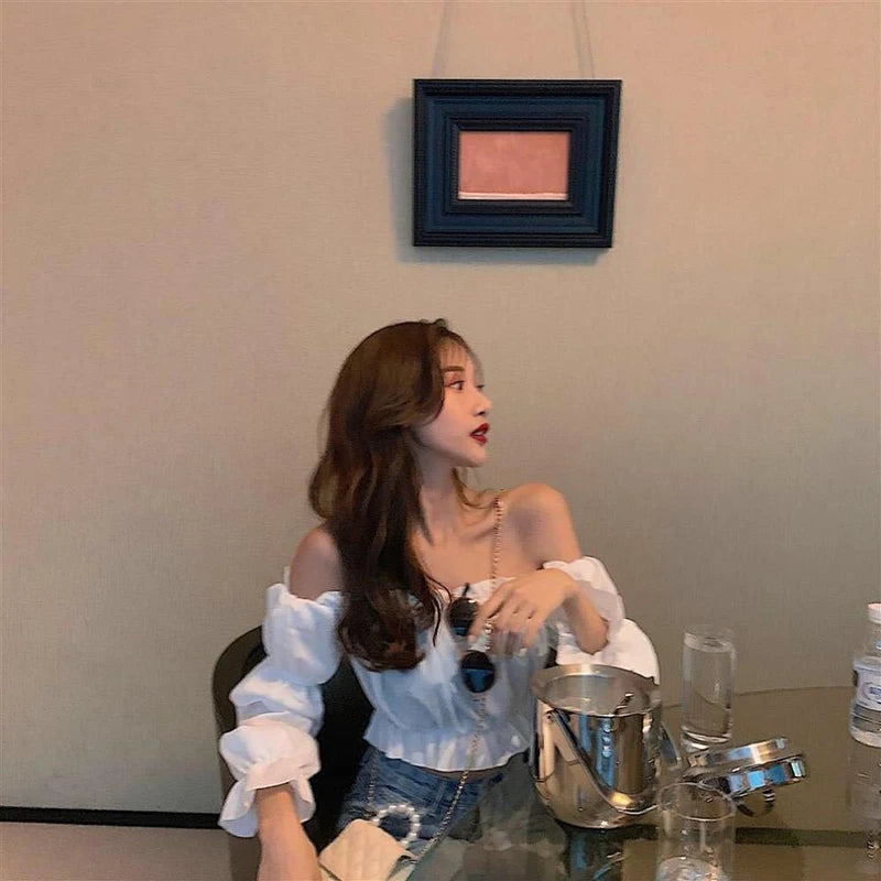 Women Top Sexy Blouse Off Shoulder Top Long Sleeve Solid Color White Shirt Puff Sleeve Ruffle Tunic Crop Top Summer Tube Top