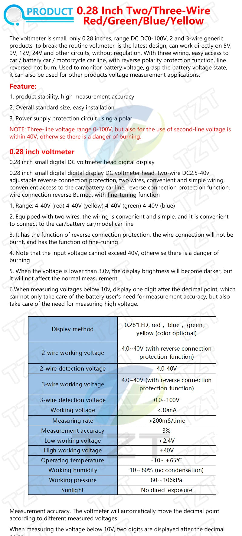 0.28 Inch 2 wires 3 wires 2.5V-40V Mini Digital Voltmeter TZT Voltage Tester Meter Red/Blue/yellow/green LED Screen meter