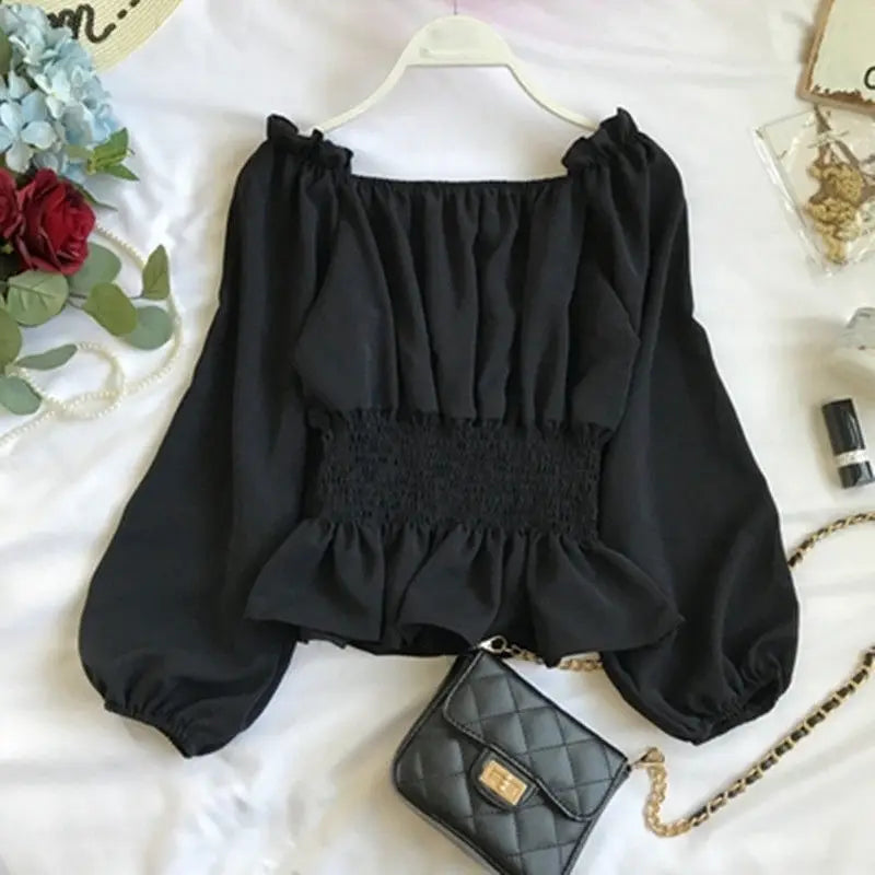 Youth Elegant Blouse Women Chiffon Fashion Blouse Off Shoulder White Shirt Ruffle Puff Sleeve Top Office wear 2026