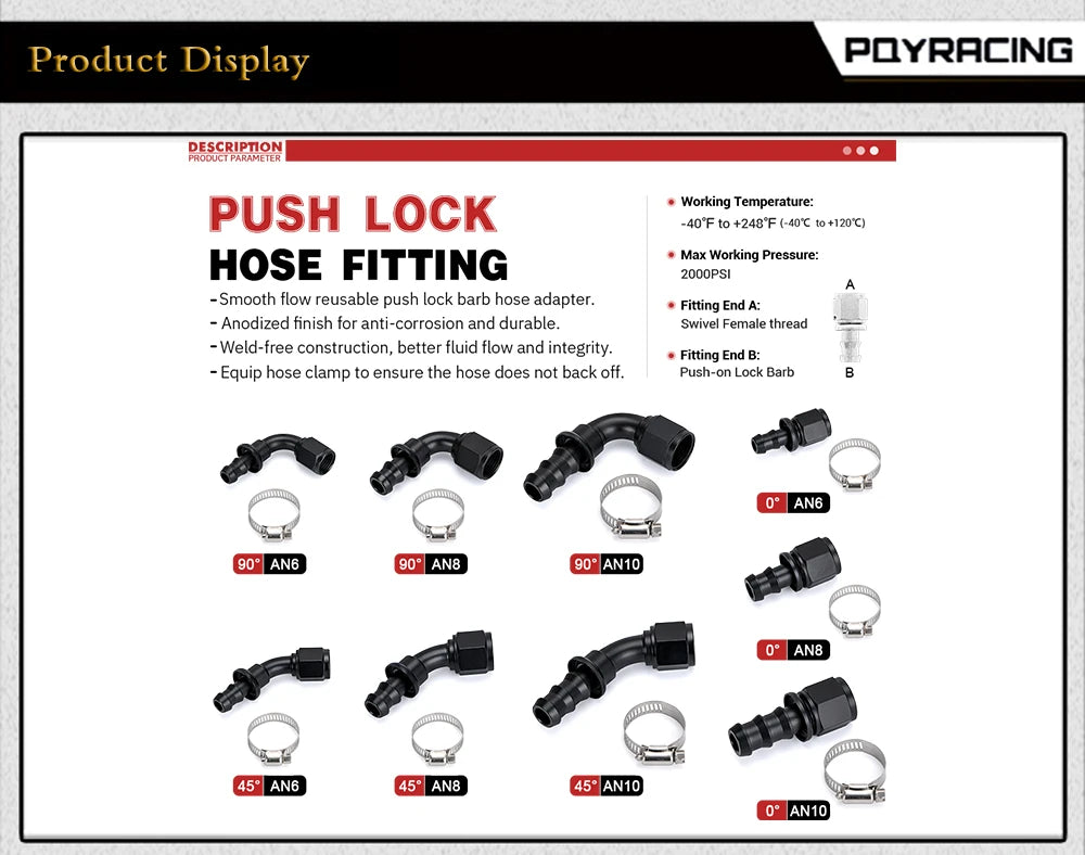 Universal AN6 AN8 AN10 Push-on Hose End Fittings Fuel Oil Cooler Hose Fitting 0 45 90 180 Degree Reusable Connection Adapter