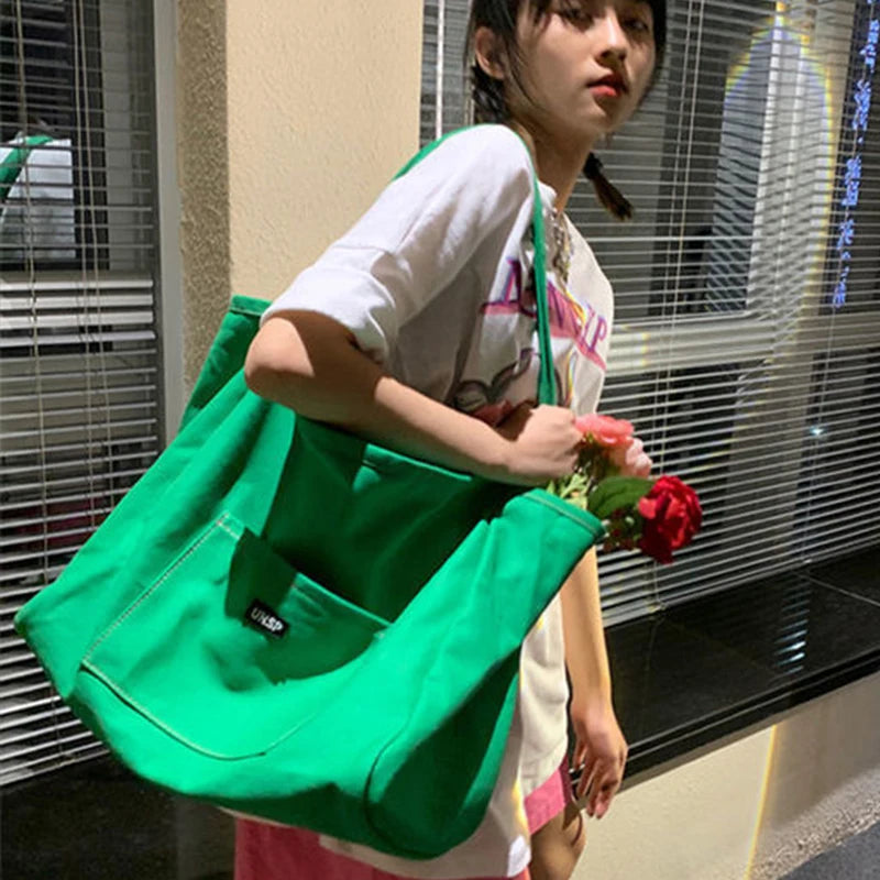 Women's Canvas Tote Bag – Reusable Shoulder Handbag with Letter Detail | Casual Daily Bag