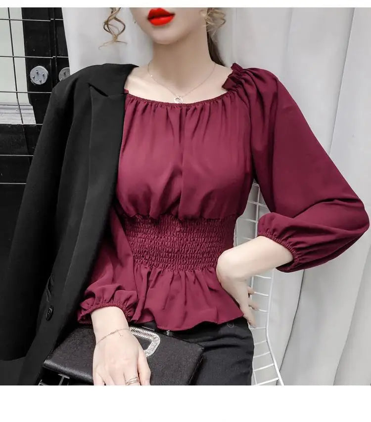 Youth Elegant Blouse Women Chiffon Fashion Blouse Off Shoulder White Shirt Ruffle Puff Sleeve Top Office wear 2026