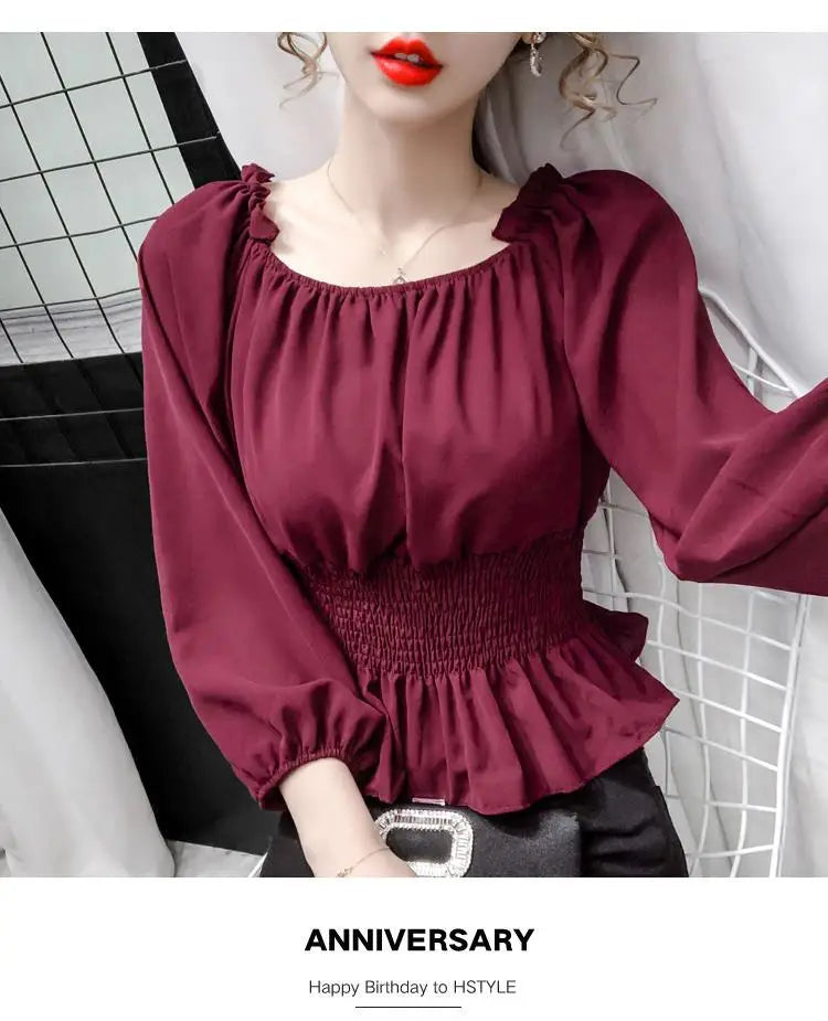 Youth Elegant Blouse Women Chiffon Fashion Blouse Off Shoulder White Shirt Ruffle Puff Sleeve Top Office wear 2026