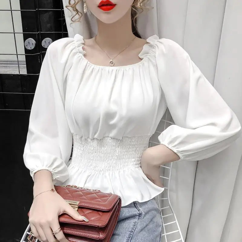 Youth Elegant Blouse Women Chiffon Fashion Blouse Off Shoulder White Shirt Ruffle Puff Sleeve Top Office wear 2026