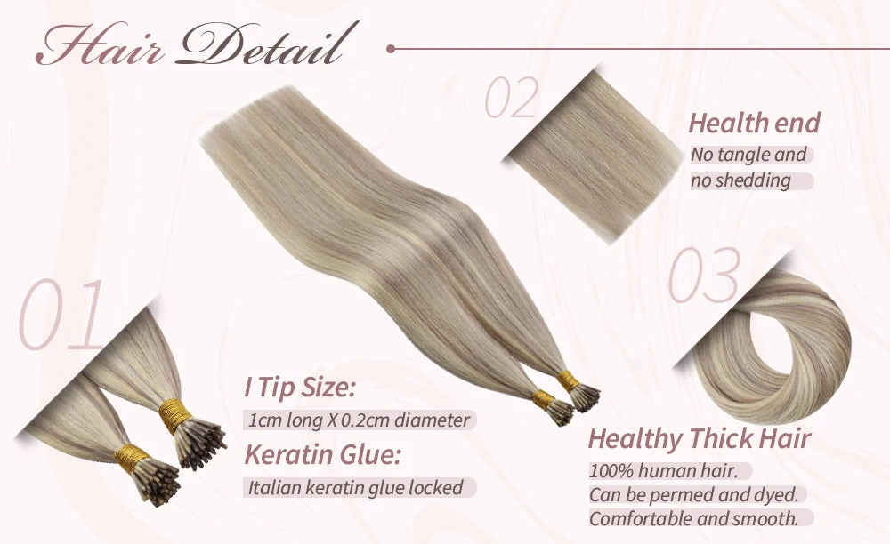 Ugeat I Tip Hair Extensions Pre Bonded Hair Remy Fusion Hair 14-24 Inch 40g/80g Straight Stick Tip Human Hair
