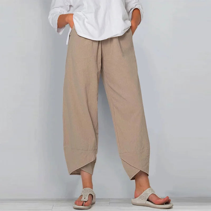 Vintage Print Women Pants Fashion Irregular Casual High Waist Elastic Waist Straight Loose Trousers Summer Lady Cargo Pantalon