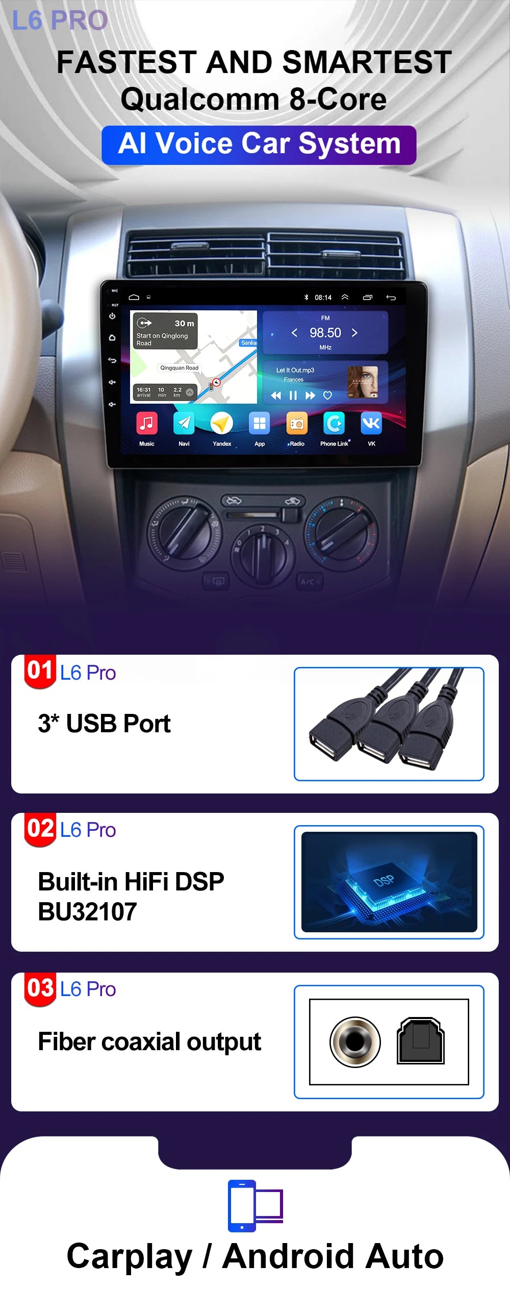LEHX  7/9/10'' 4GB-64GB 2Din Android 15 Carplay Auto Car Radio Multimedia Stereo For toyota Hyundai Kia Volkswagen Jeep Fiat