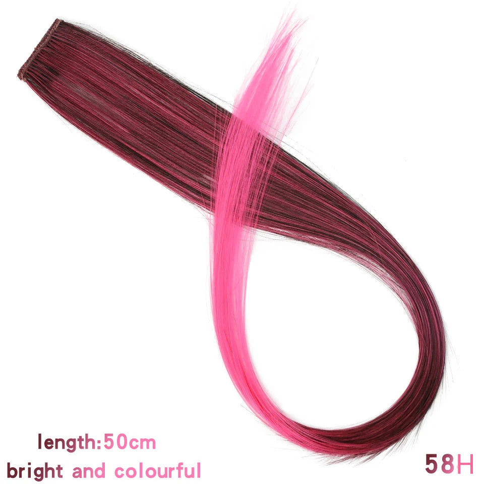 All Long Straight Color Hair Piece Hair Extensions Clip In Highlight Rainbow Hair Streak Pink Synthetic Hair Strands on Clips