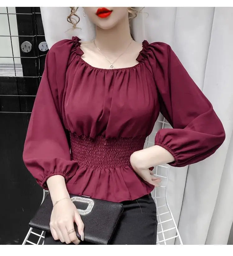 Youth Elegant Blouse Women Chiffon Fashion Blouse Off Shoulder White Shirt Ruffle Puff Sleeve Top Office wear 2026