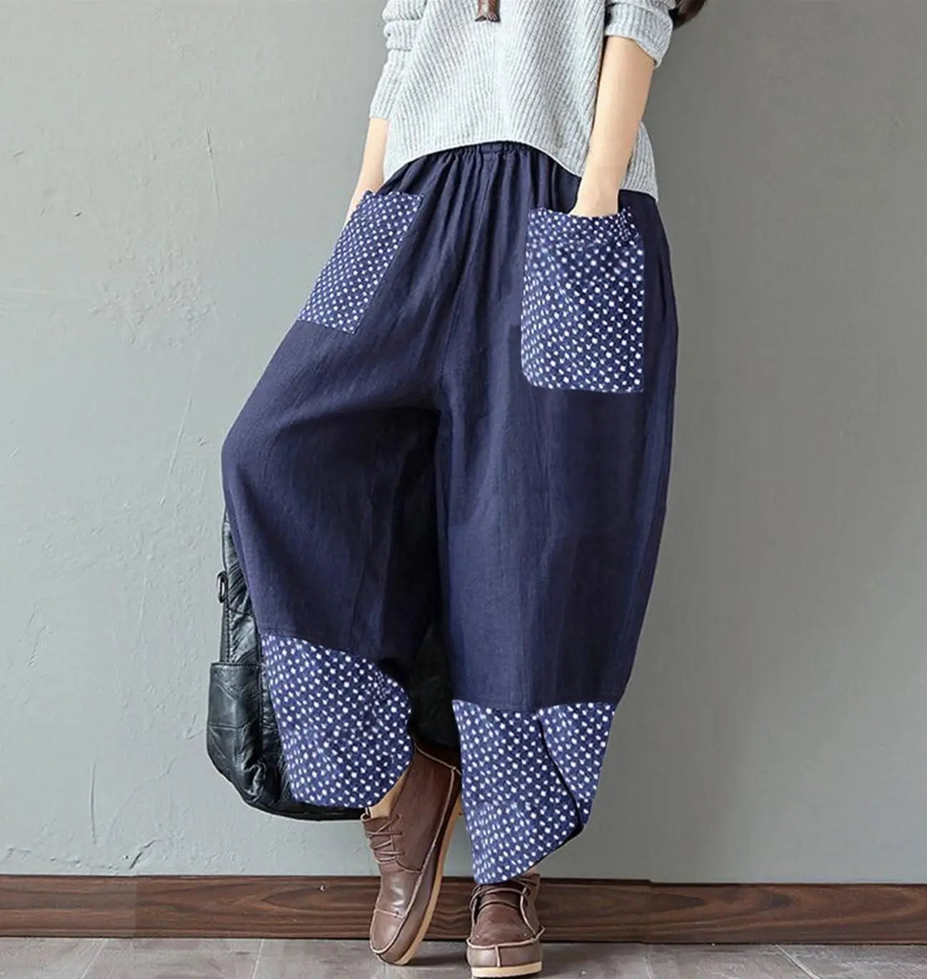 Vintage Print Women Pants Fashion Irregular Casual High Waist Elastic Waist Straight Loose Trousers Summer Lady Cargo Pantalon