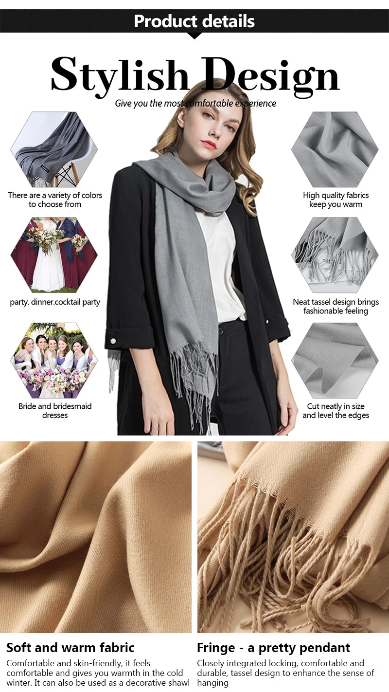 Women's Tassel Scarf, Soft Solid Color Shawl Wrap