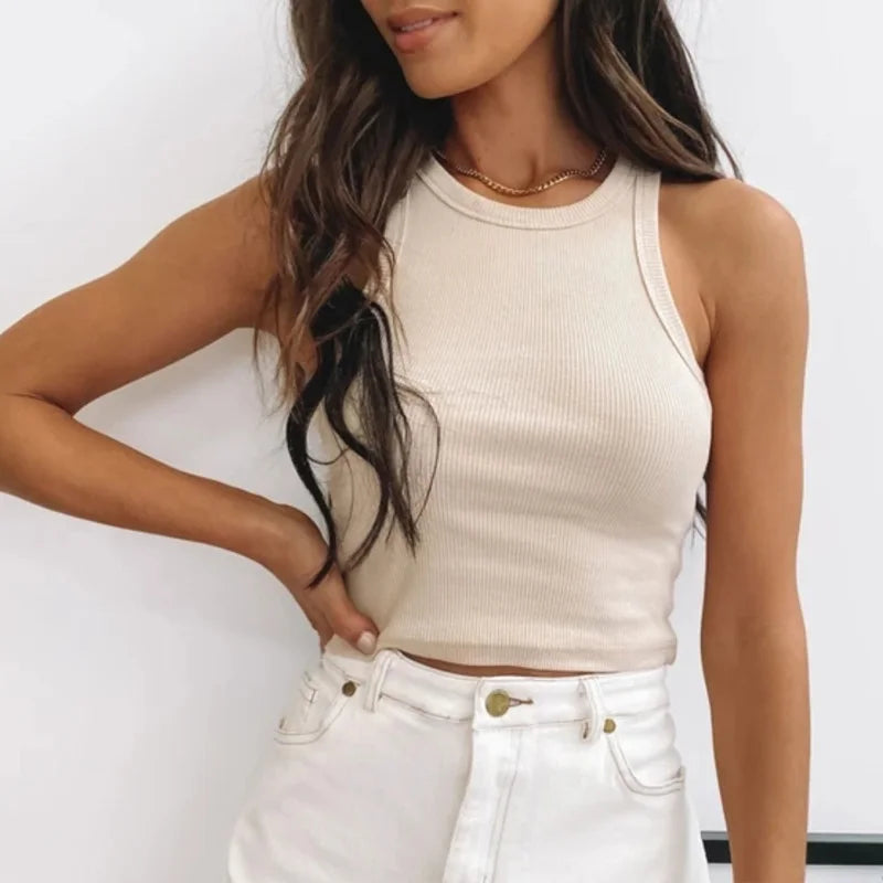 Ribbed Tank Top Women White 2026 Summer Casual Fitness Short Vest Candy Colors Knitted Off Shoulder Sexy Crop Top Women