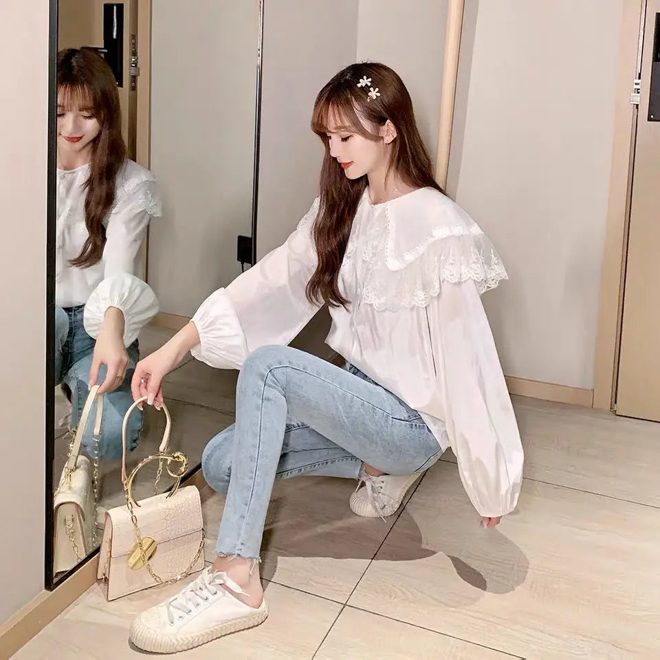 Women Blouse Fan Col Claudine Top Long Sleeve Lace Collar Shirt Blusas Ropa De Mujer