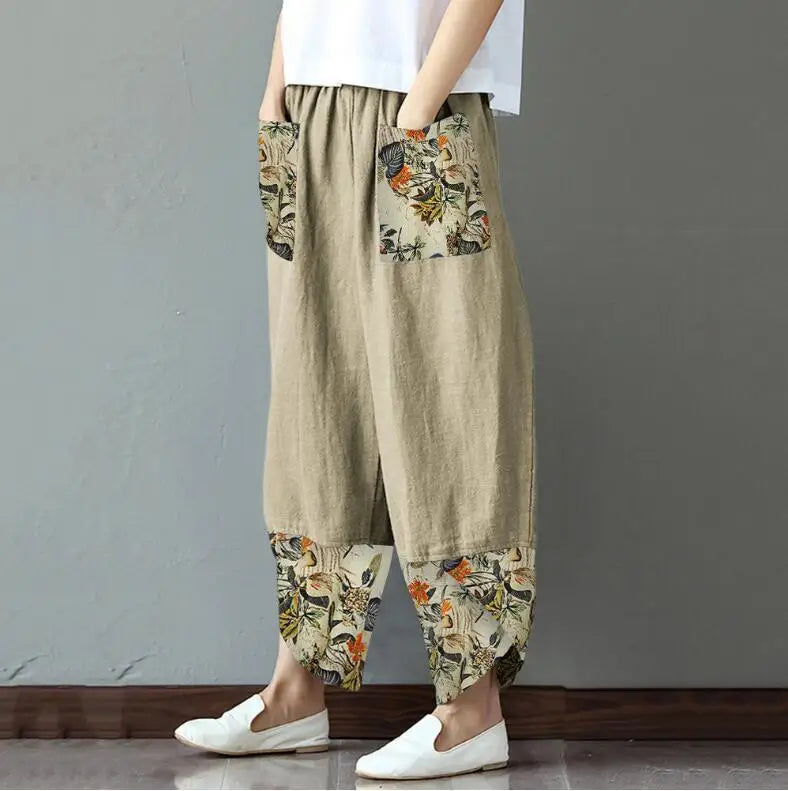 Vintage Print Women Pants Fashion Irregular Casual High Waist Elastic Waist Straight Loose Trousers Summer Lady Cargo Pantalon