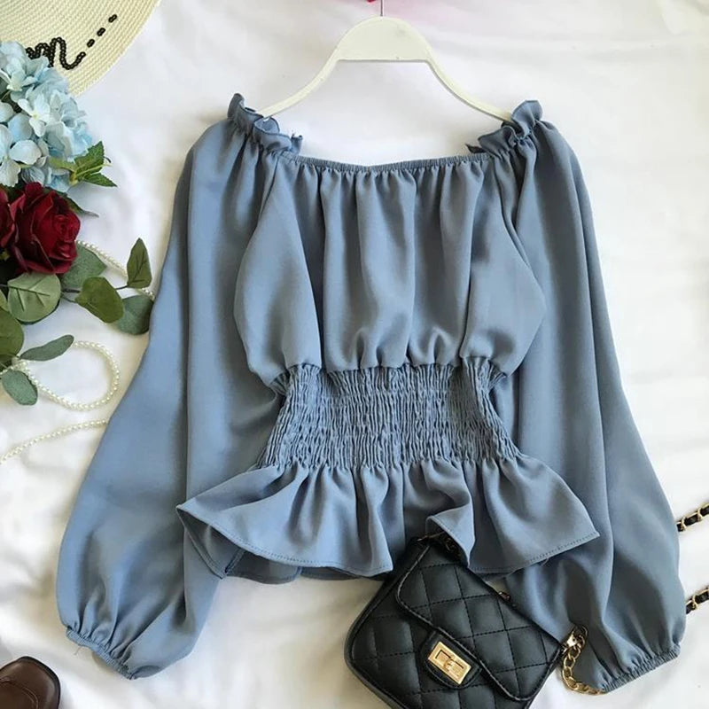 Youth Elegant Blouse Women Chiffon Fashion Blouse Off Shoulder White Shirt Ruffle Puff Sleeve Top Office wear 2026