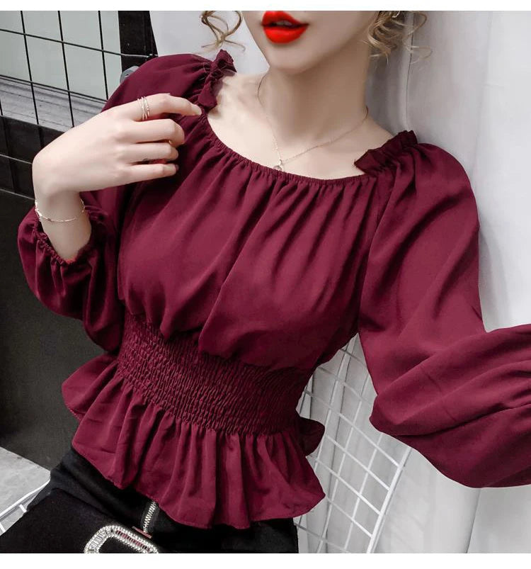 Youth Elegant Blouse Women Chiffon Fashion Blouse Off Shoulder White Shirt Ruffle Puff Sleeve Top Office wear 2026