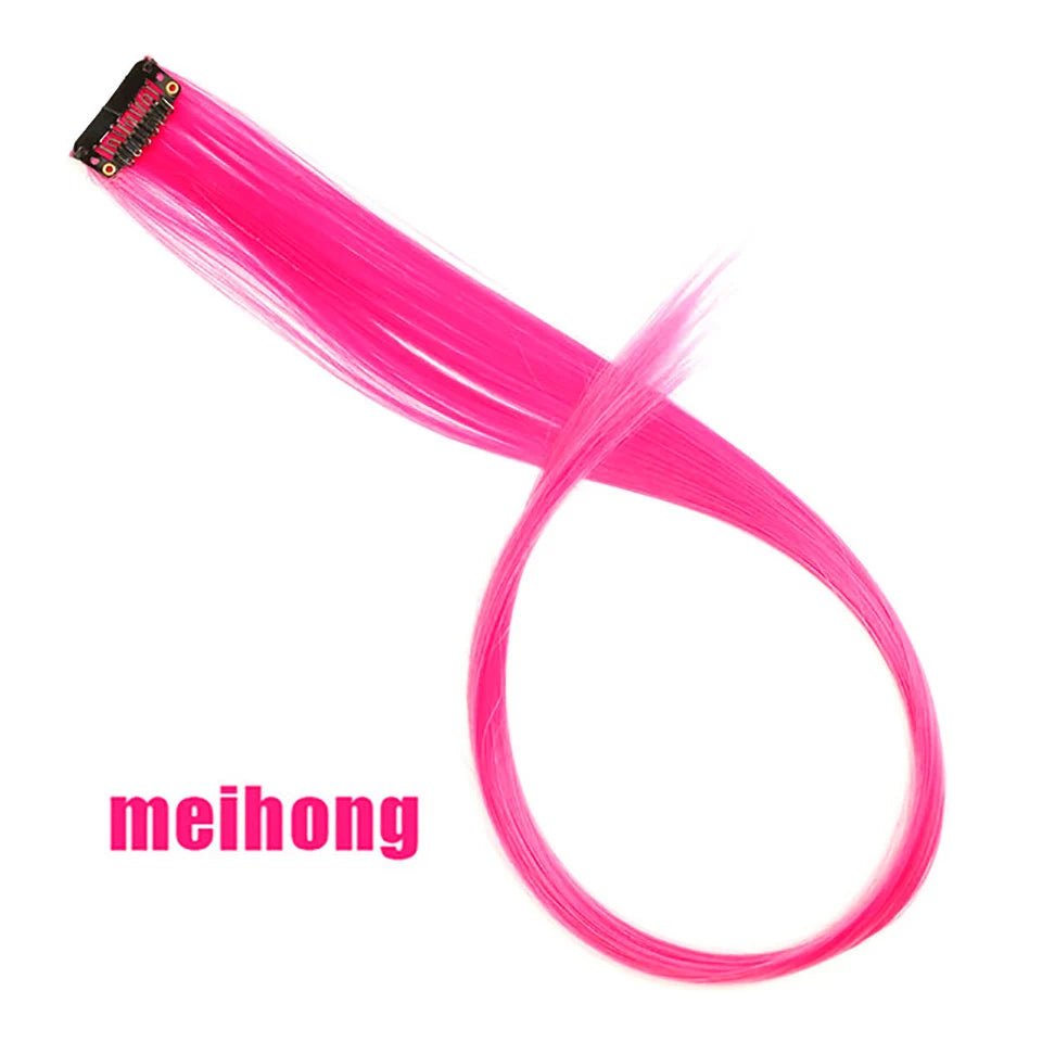 All Long Straight Color Hair Piece Hair Extensions Clip In Highlight Rainbow Hair Streak Pink Synthetic Hair Strands on Clips