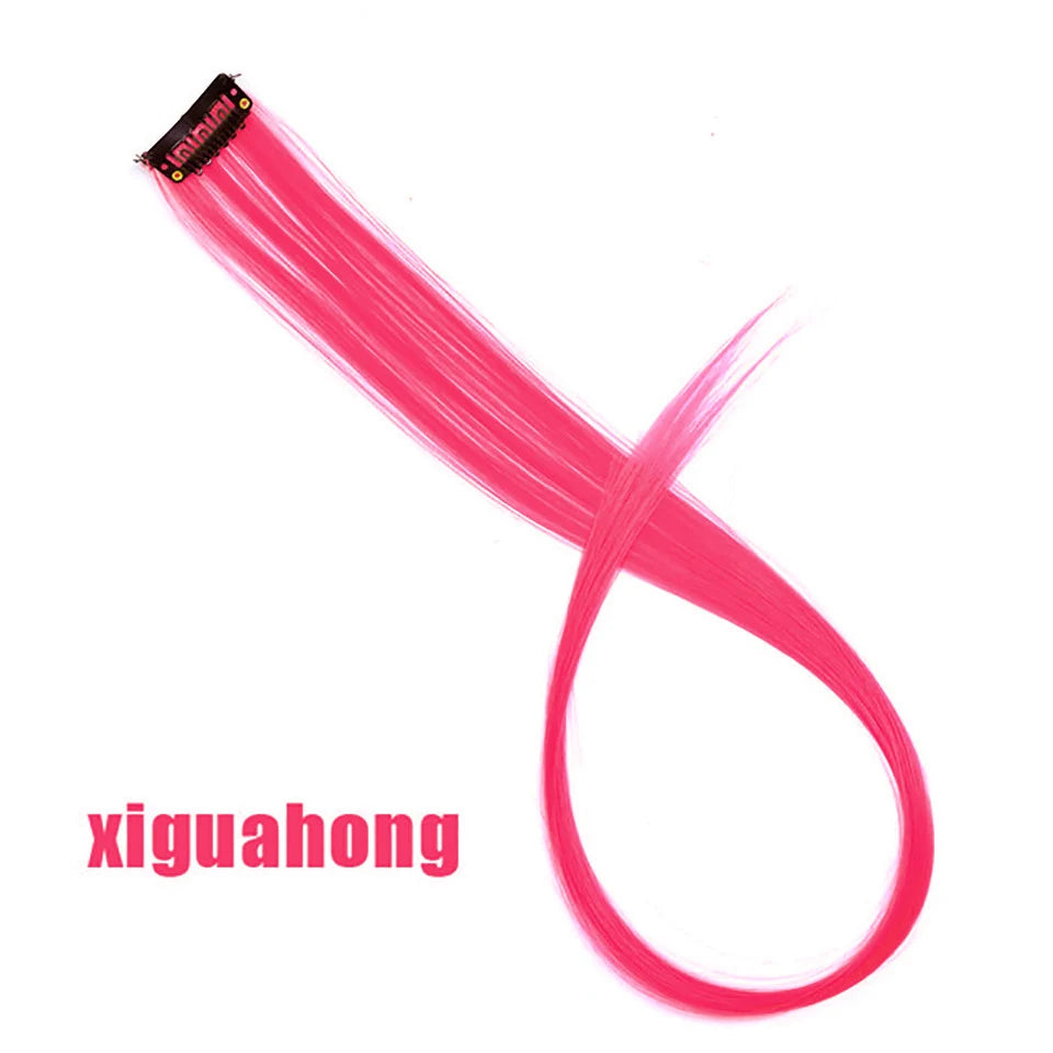 All Long Straight Color Hair Piece Hair Extensions Clip In Highlight Rainbow Hair Streak Pink Synthetic Hair Strands on Clips